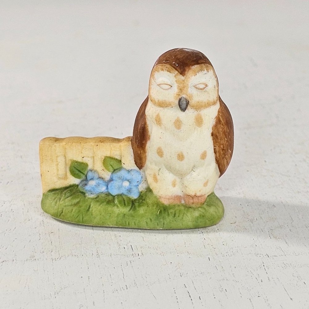 Vintage Schmid Owl Miniature Figurine 1990 Bird Fence Flowers